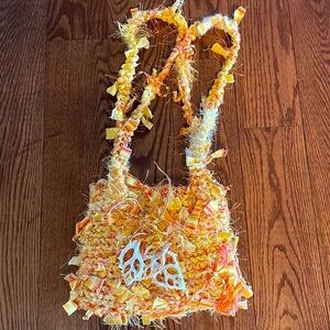 UNIQUE HANDMADE boho chunky Rag Knitted yellow shoulder bag genuine shells